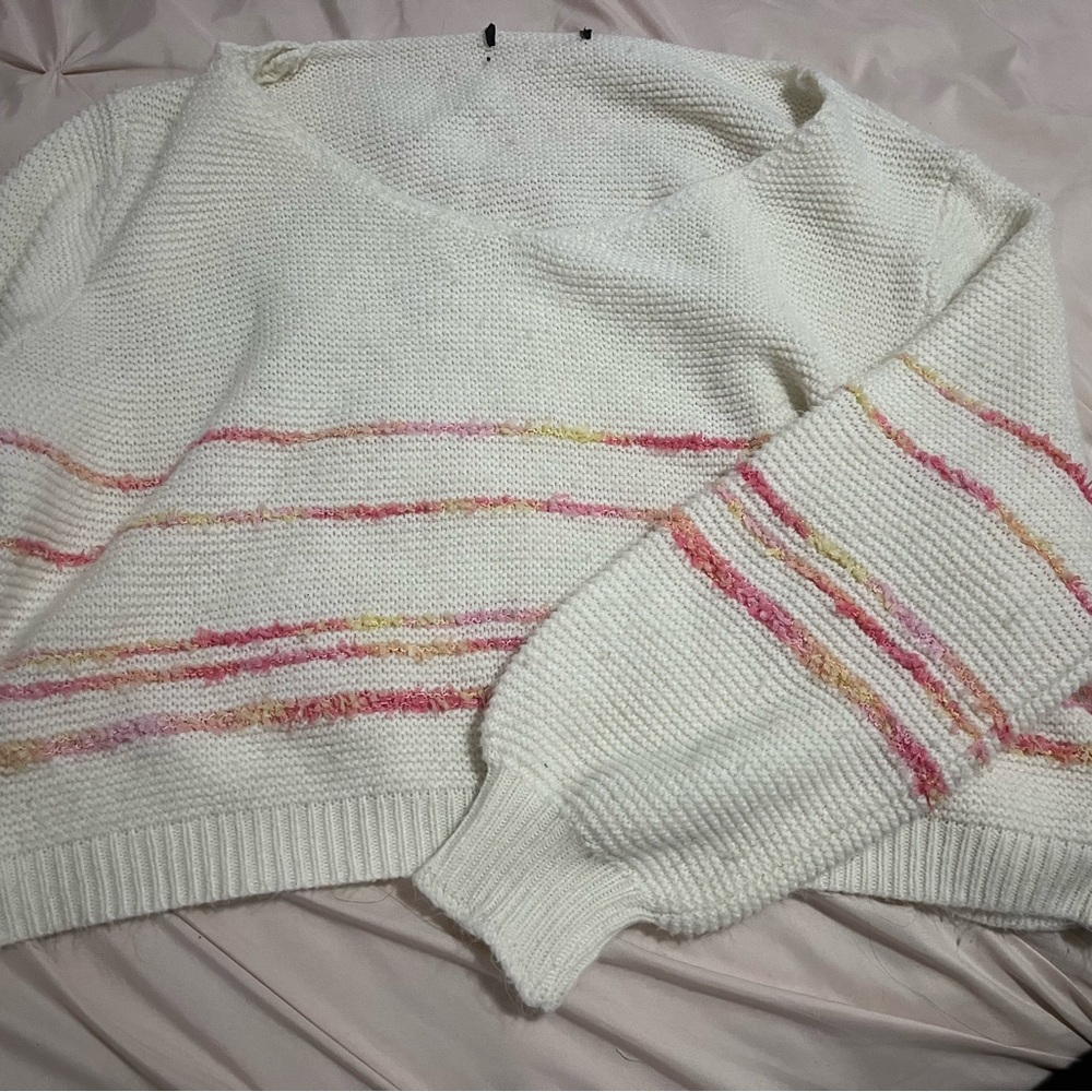 Women's White and Pink Striped Sweater